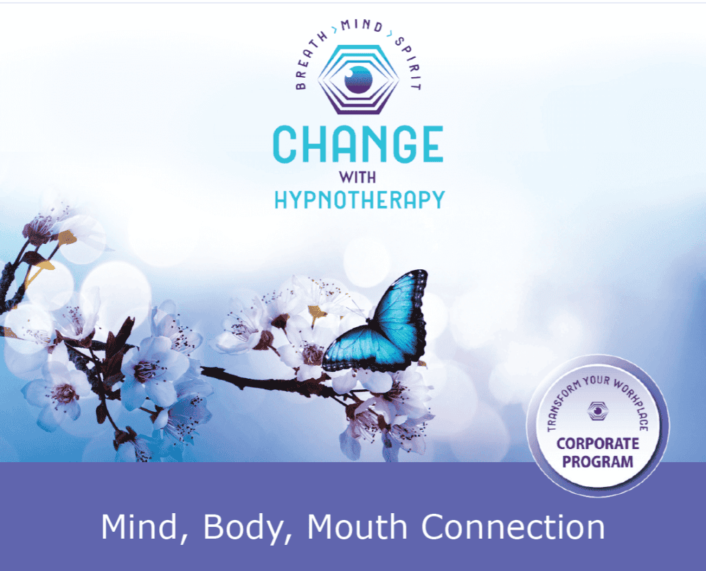 A calming image of a blue butterfly on cherry blossoms with soft light bokeh, promoting hypnotherapy for mind, body, and mouth connection.